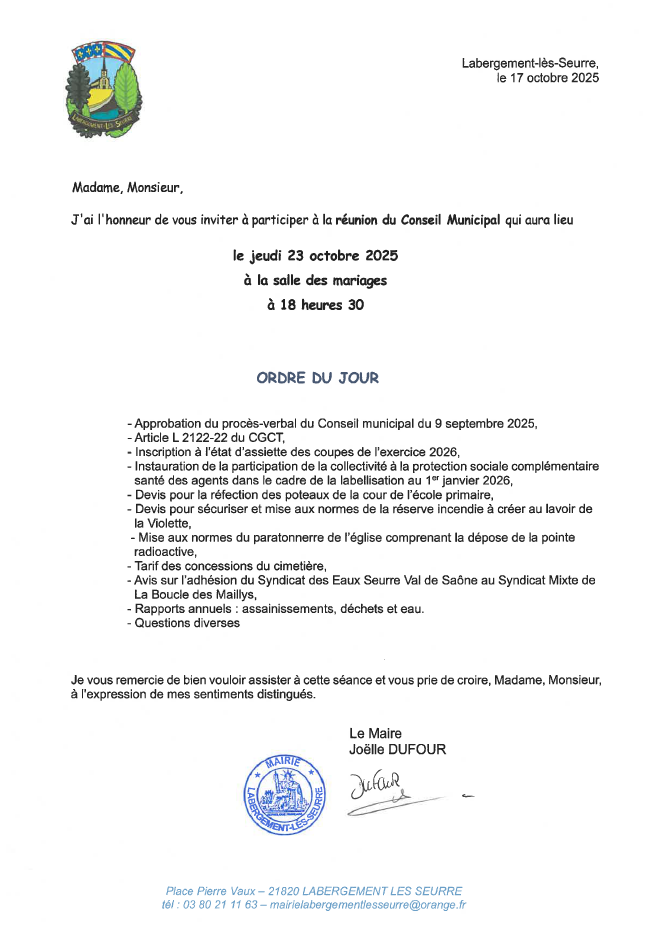 Conseil municipal le jeudi 23 octobre  2025 à 18 h 30