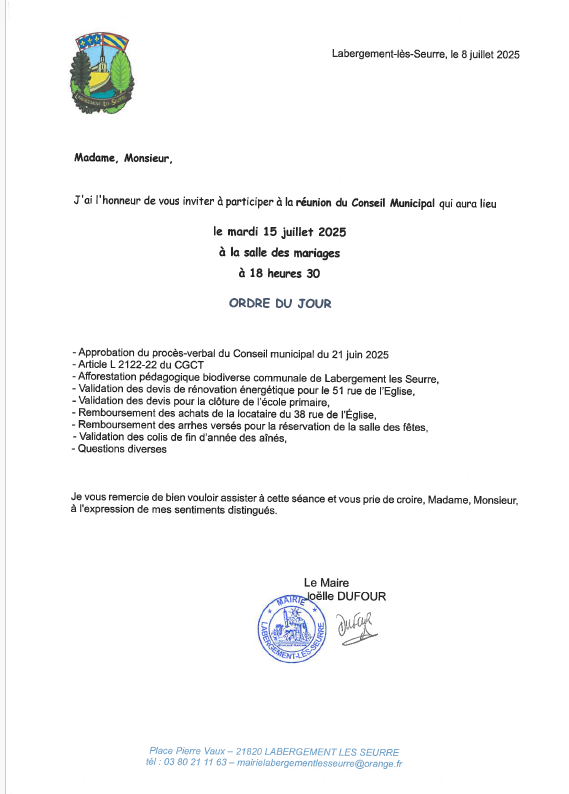 Conseil municipal le 15 juillet 2025 à 18 h 30 